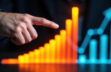 Businessman pointing at glowing orange and blue bar graphs showing growth and data analysis