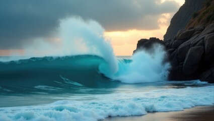 Fototapeta premium Powerful wave crashing against a rocky shore at sunrise.