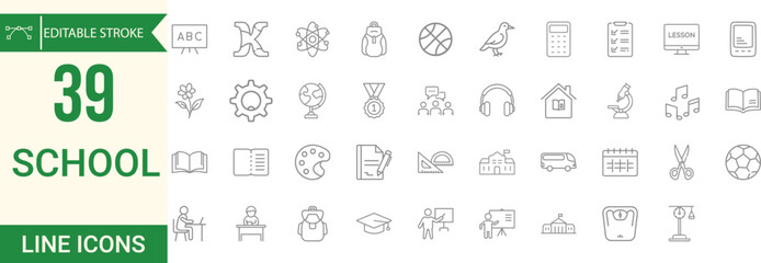 Collection Of Modern Editable Thin Stroke Line Style School Icon Set Containing Education, Learning, Teacher, Book, E-learning, Graduation, School Subjects, Classroom, Students And More 