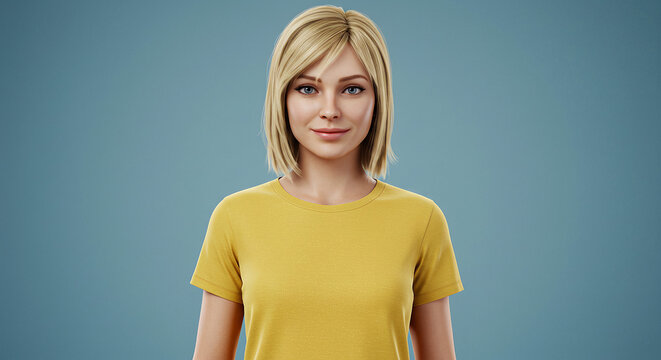 Hyperrealistic CGI Portrait of a Serene Blonde Woman in a Yellow TShirt.