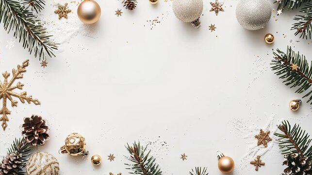 Christmas decorations with gold and silver ornaments on white background  