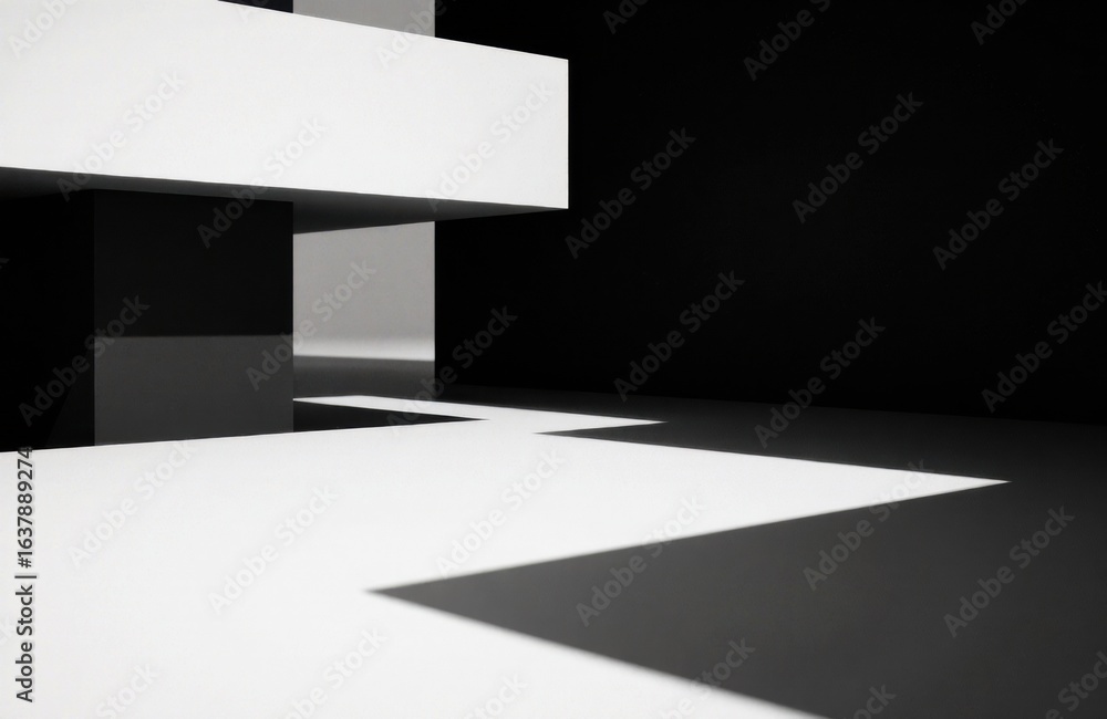 Poster minimalist black and white geometric space with sharp shadows and clean lines