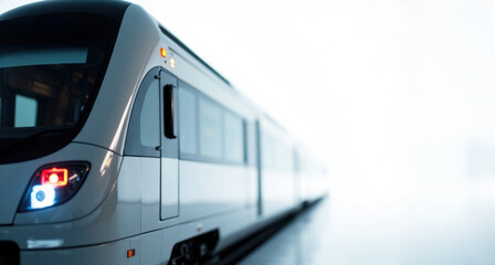 A modern train moving along a track in a bright, minimalistic setting