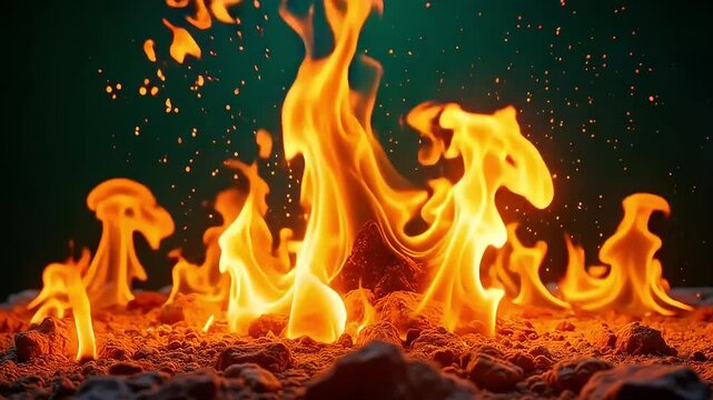 Dynamic flames dance with vibrant energy, fiery eruption against a dark backdrop, burning hot
