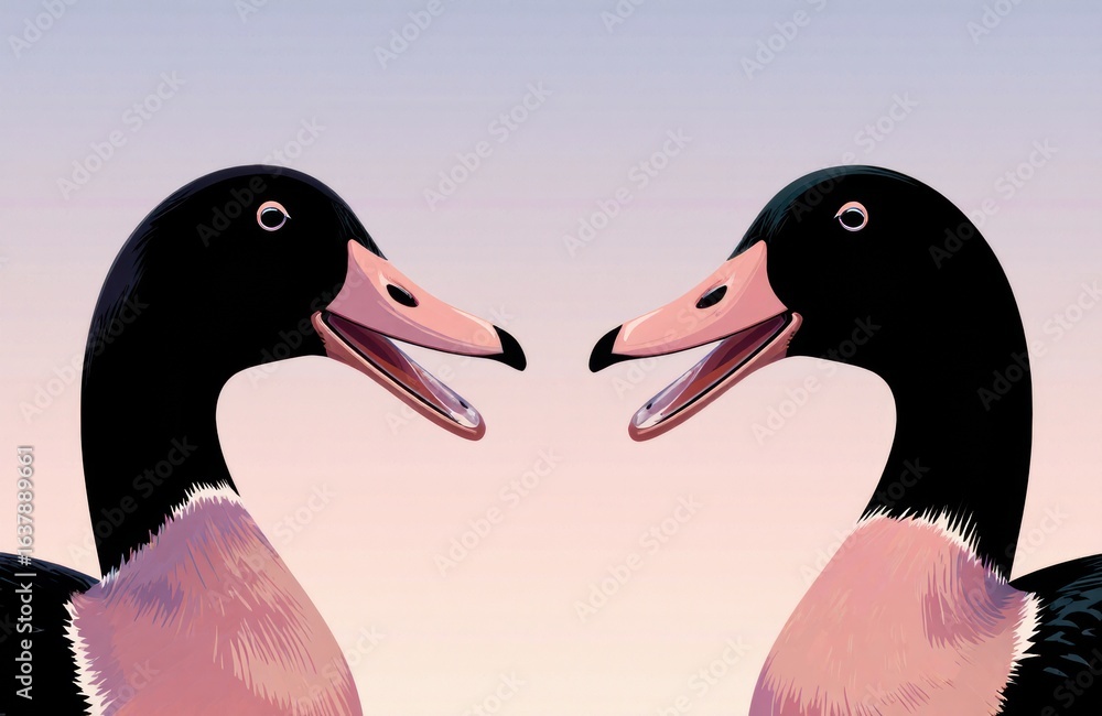 Poster two animated ducks facing each other with open beaks against a soft pastel sky background