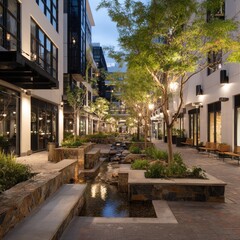 Urban plaza at twilight, featuring landscaping, shops, and modern architecture