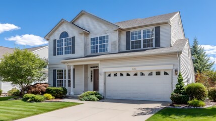Two-story house with a white exterior and manicured landscaping.
