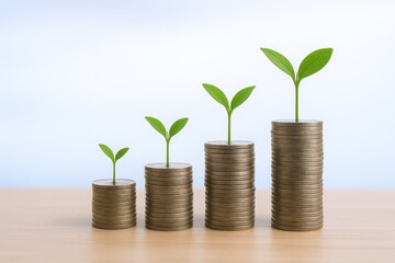 Financial Growth Concept with Coin Stacks and Seedlings Symbolizing Investment and Sustainable Development on a Wooden Table