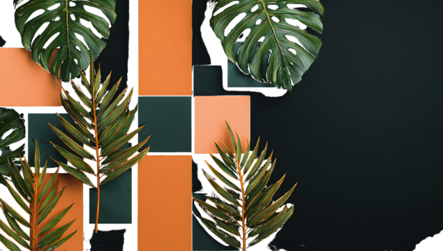Tropical Leaves and Geometric Panels in Orange Green and Dark Teal monstera leaf palm leaf