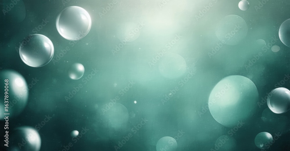 Poster abstract background features numerous iridescent bubbles, soft teal hues, gentle light effects. subt