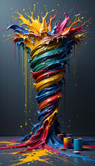 Colorful Paint Tornado Splashing and Swirling in a Dynamic Abstract Vortex on a Dark Gray Background
