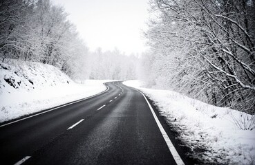 Obraz premium Snow-covered winding road surrounded by frosted trees on a winter day