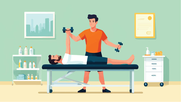 Physiotherapist assists a man with dumbbell exercises during a rehabilitation session vector