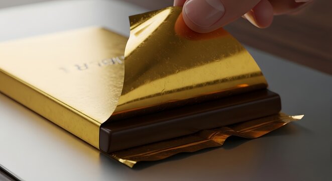 Hand Peeling Gold Foil from Delicious Chocolate Bar - Powered by Adobe