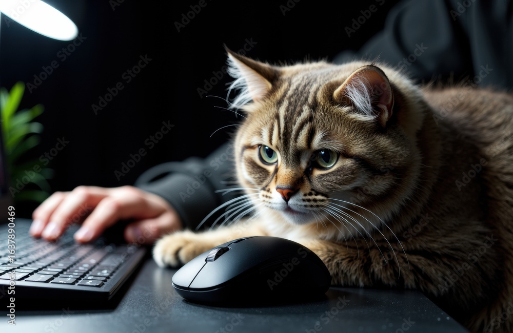 Poster woman working on computer with a tabby cat resting on the desk