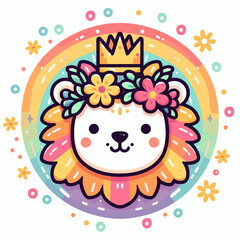 Leo zodiac sign lion with a flower crown and crown on colorful pastel background with floral elements and a cheerful expression