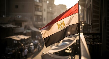 Egyptian Flag Waving on Balcony in Atmospheric City