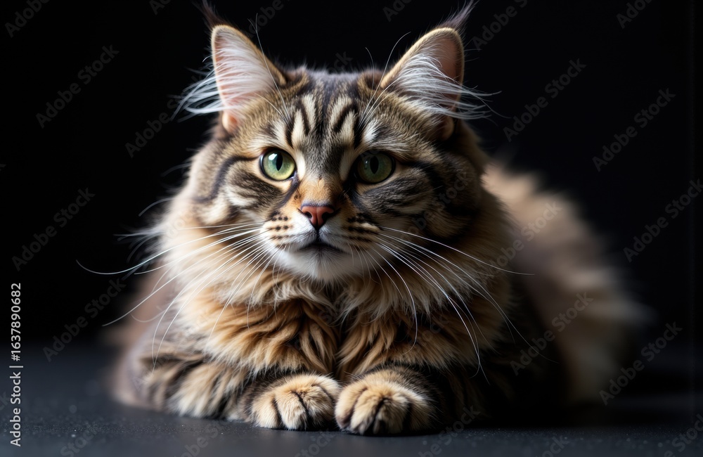 Poster a close-up of a fluffy tabby cat lying on a dark surface with a black background