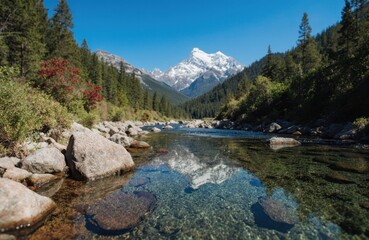 Fototapeta premium A clear mountain river flows through a lush green forest with snow-capped peaks in the background