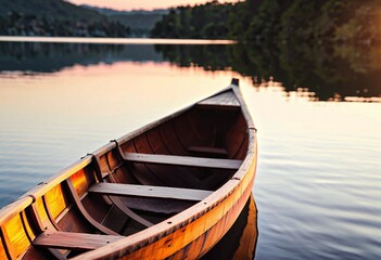Obraz premium Portrait of a rustic wooden canoe on a calm lake at sunset