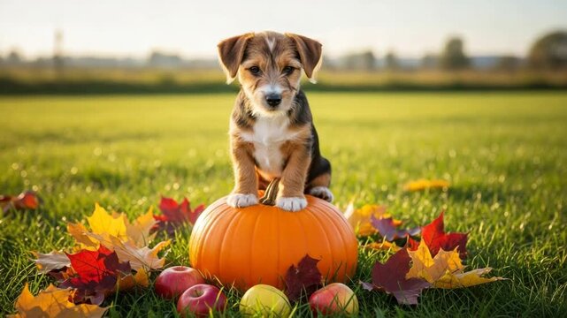 Cute pet, dog, puppy standing on a pumpkin  in autumn. Happy thanksgiving day, fall, halloween. banner with copy space.