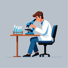 Vector illustration of a male scientist working with a microscope in a research laboratory