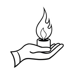 hand holding burning candle line art drawing on white background 