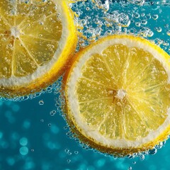 Slices of lemon falling into sparkling soda water, fizzing bubbles surrounding the slices, bright yellow and crystal-clear textures, refreshing feel 