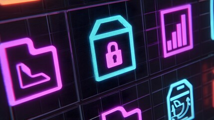 Neon-lit digital file icons on a gridded display.