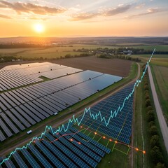 Aerial view of a large solar panel farm at sunset with a financial growth chart overlaid, symbolizing renewable energy investment and economic progress