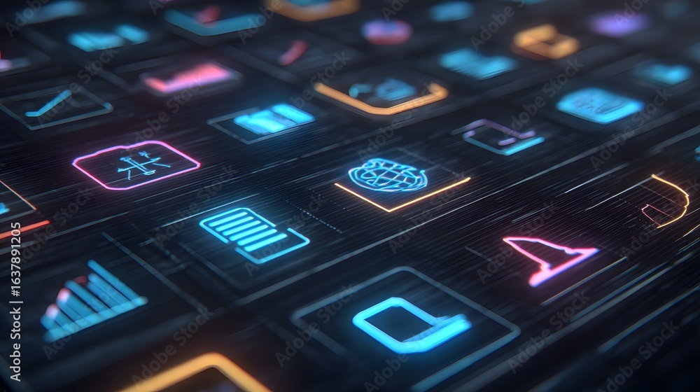 Poster Close-up view of glowing digital interface with various icons.