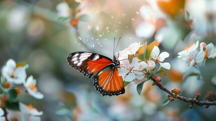 Close up view of a coloful butterfly flying arounf a blossom flower in the sprin