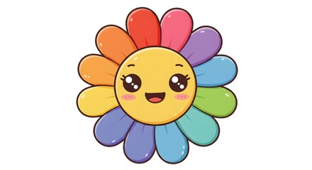 Fototapeta premium Cheerful kawaii flower with colorful rainbow petals and a cute smiling face. Adorable cartoon mascot character illustration isolated on white.