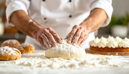 Baker Kneading Dough In Kitchen