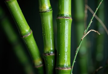 Fototapeta premium Close-up of vibrant green bamboo stalks with water droplets in natural light
