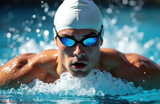 Swimmer wearing goggles and swim cap performing front crawl in a pool