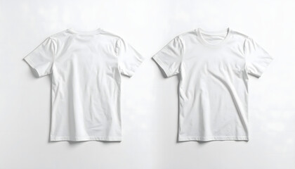 Ultra-realistic mockup of a plain white cotton t-shirt, front and back view, laid flat on a clean surface.