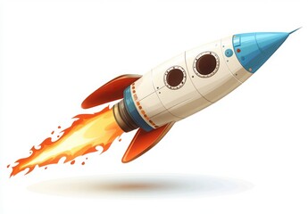 Fototapeta premium Colorful Retro Rocket Launching in Space with Flames and Bright Exhaust Trail