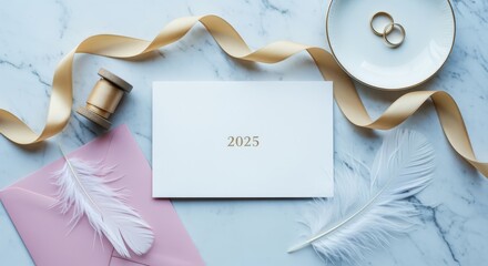 Elegant Wedding Mockup Featuring Rings, Envelope, Ribbon, and Feathers with the Year 2025