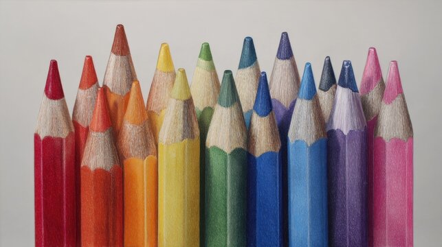 A vibrant collection of sharpened colored pencils arranged closely together, showcasing a spectrum of hues against a neutral background.