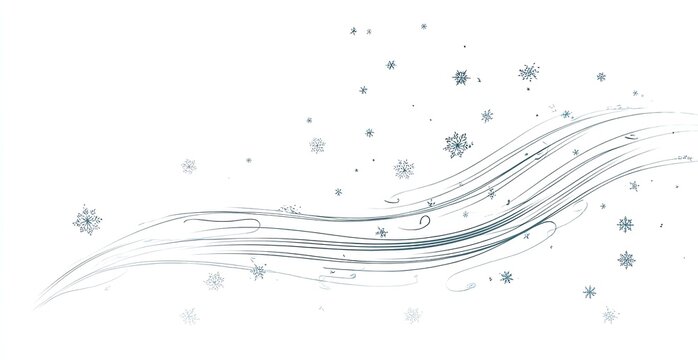 Abstract winter scene with flowing lines and snowflakes