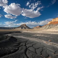 Fototapeta premium Dramatic badlands landscape with textured ground and distant mesas under a blue sky in utah