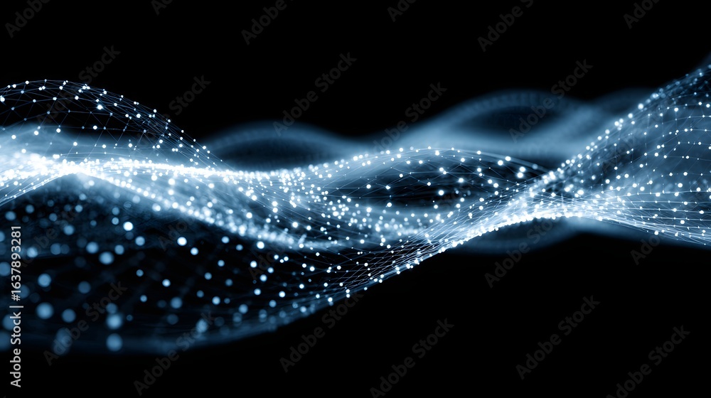 Poster abstract digital wave design with glowing particles.
