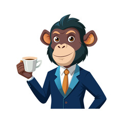 Professional business monkey vector illustration in suit holding coffee cup, humorous corporate animal art for office decor and stock graphics