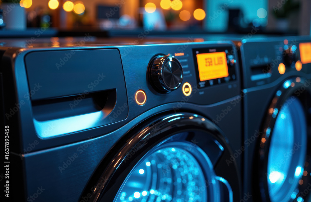 Poster front view of modern washing machine with digital display and control knob in a laundry room