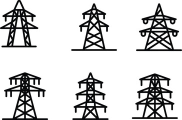 High Voltage Transmission Towers, Power Line Structures, Electrical Grid Infrastructure Icons, Energy Network, Utility Poles