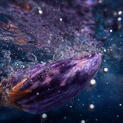 Purple eggplant slicing through water surface with ripples and splashes, tiny water droplets suspended mid-air, deep focus on texture and water distortion, ultra-realistic underwater shot