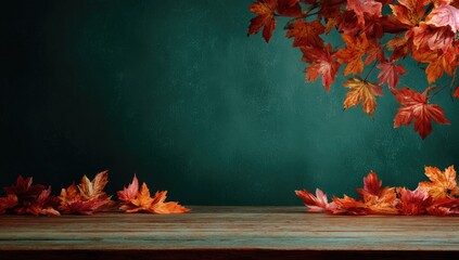 Autumn leaves on rustic wooden table against teal backdrop