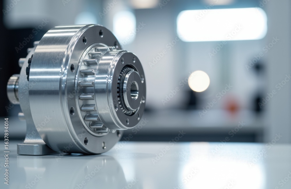 Poster precision mechanical component made of shiny metal resting on a smooth surface in a modern industria