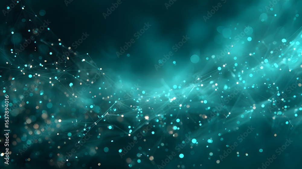 Poster teal digital network design with glowing particles.